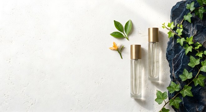 Minimalist Flatlay of Thin Glass Perfume Spray Vials on White Textured Surface with Green Ivy Leaves