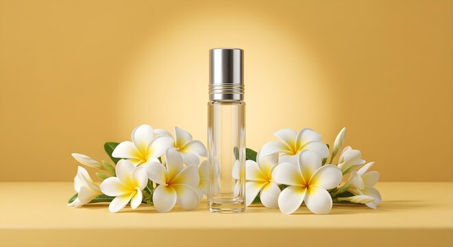 Clear Glass Perfume Roll-On Bottle Standing on Soft Yellow Surface surrounded by Frangipani Blossoms
