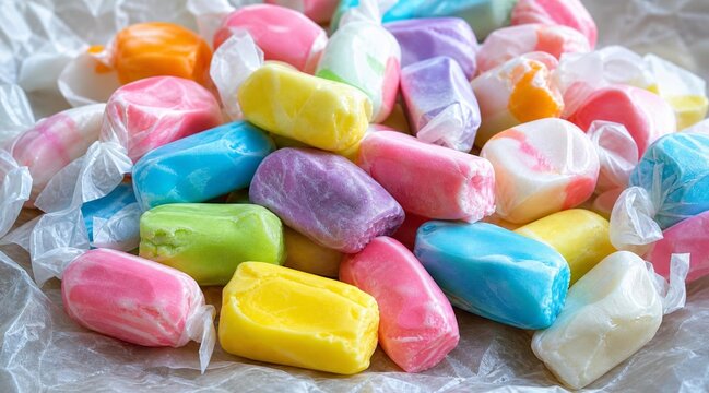Colorful assorted salt water taffy candy pieces in a pile.