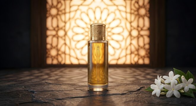 Luxury Golden Fragrance Spray Bottle Standing on Dark Marble in front of Glowing Arabesque Pattern Window