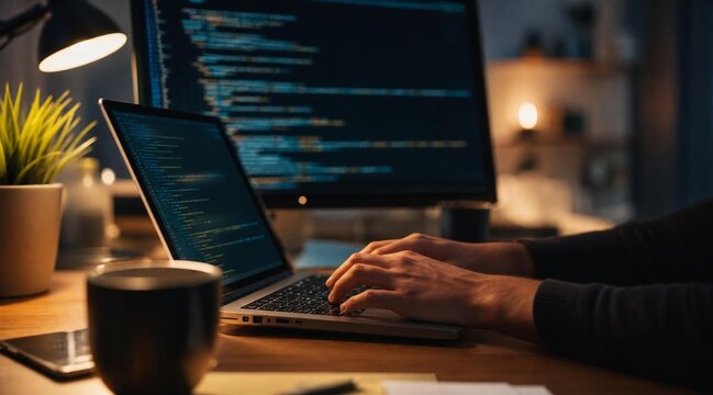 Software developer working on code at night with dual monitor setup.