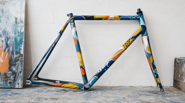 Artistic hand painted colorful bicycle frame with abstract pattern leaning against wall.