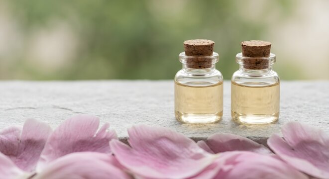 Pair of Clear Glass Dropper Bottles with Cork Stoppers Resting among Soft Pink Petals