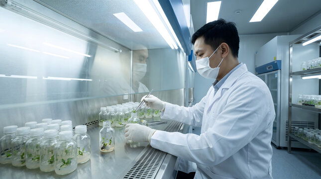 An asian male scientist in a lab conducts plant tissue culture work using sterile tools in a clean laboratory workspace.