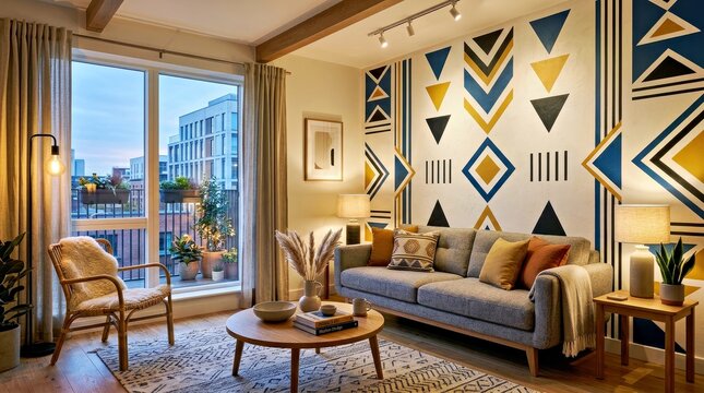 Modern Living Room With Geometric Wall Art and City View