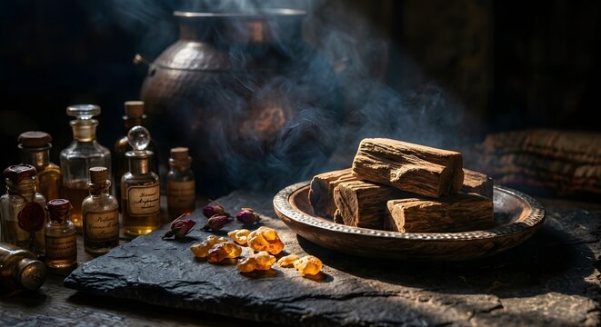 Blocks of Raw Agarwood Oud with Rising Incense Smoke and Antique Laboratory Bottles in Background