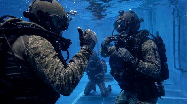 Military divers performing underwater training exercises in a deep pool.