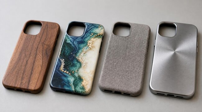 Four unique smartphone cases with wood marble and metallic textures.