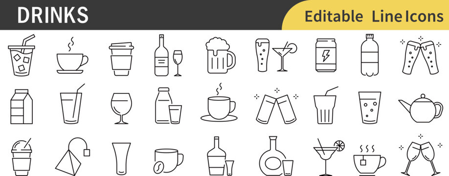 線の編集ができる飲み物に関するアイコンセット（アウトライン化していない）
