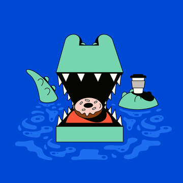 Funny Crocodile Eating Donut with Coffee &ndash; Quirky Food Character Illustration