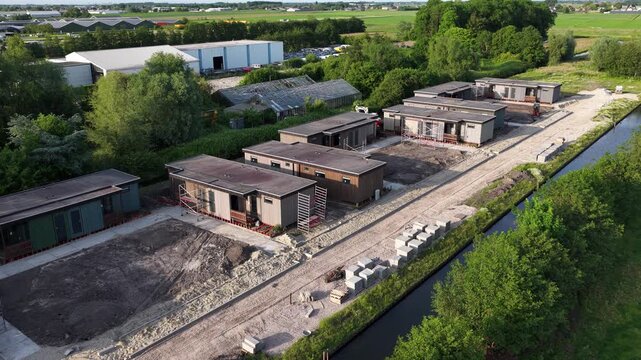 Temporary modular housing construction site aerial view