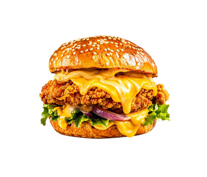 Crispy fried chicken burger with melted cheddar cheese isolated on a white background