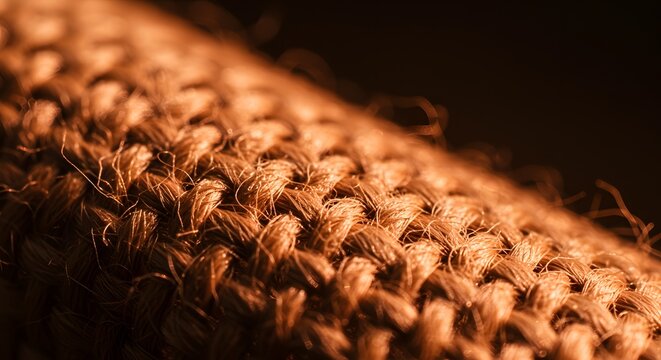 Detailed macro view of coarse jute fabric texture with close-up material background sustainable