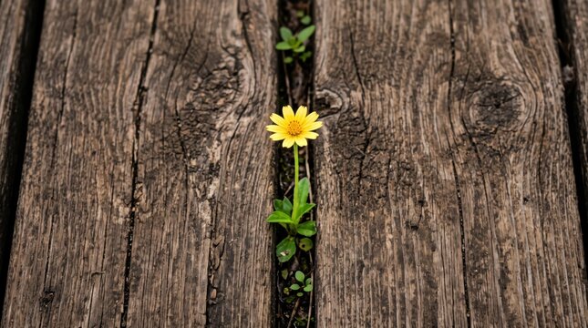Small yellow flower blooming through crack in old weathered wooden planks, symbolizing resilience, hope, nature reclaiming man-made structures, spring growth, survival against odds