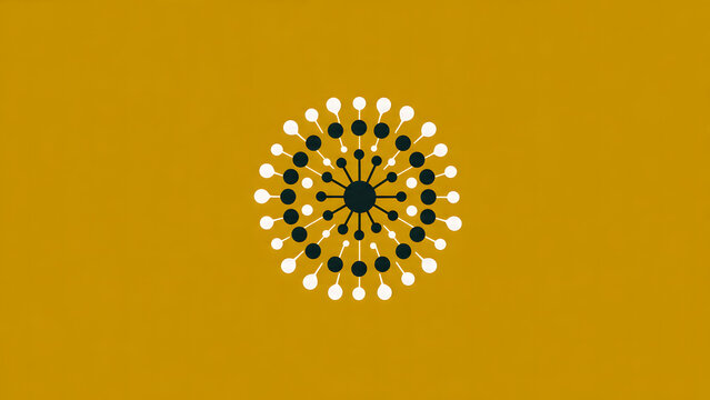 Abstract circular technology network logo icon with radiating connected dots and nodes on yellow background
