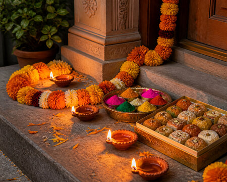 Clay diya lamps, marigold garland, rangoli powders, and Indian sweets for Diwali celebration
