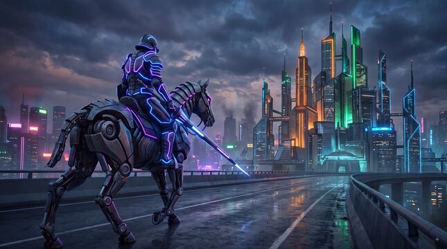 Futuristic Cyber Knight on Robotic Horse Overlooking Neon City