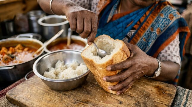 Person Spreading Rice or Filling Into Hollowed Bread on Wooden Table With Metal Bowls of Food