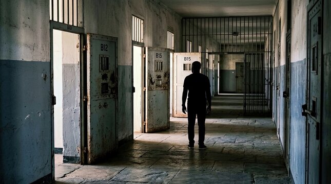 Person Walking Through Abandoned Prison Corridor With Barred Cells and Numbered Doors