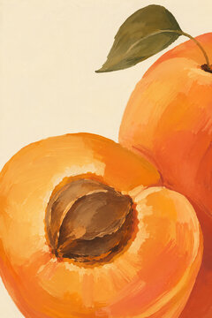Apricot Halves with Pit and Green Leaf, Macro Gouache Fruit Illustration