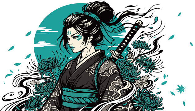 Japanese Kunoichi Assassin with Katana Sword, Floral and Sun Vector Art