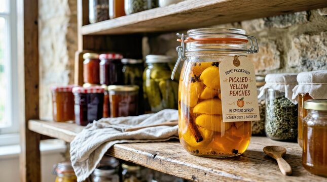 Pickled Yellow Peaches in Spiced Syrup on Rustic Wooden Shelf With Homemade Preserves
