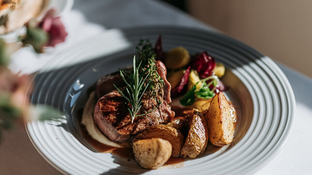 Plated gourmet grilled steak with roasted potatoes, fresh herbs, and a rich sauce, ready for a luxurious restaurant meal