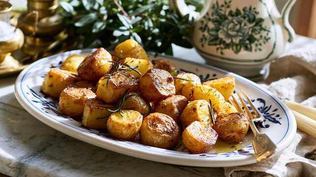 Golden brown roasted potatoes with aromatic rosemary and a drizzle of olive oil, serving a rustic and comforting meal