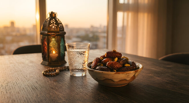Ramadan kareemiftar table setup with dates, water glass, traditional lantern, and prayer beads during sunset