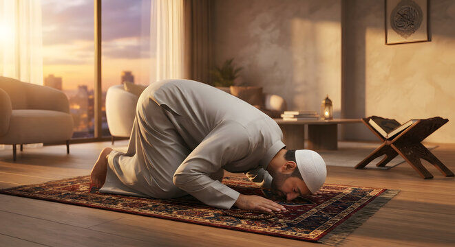 Muslim man performing salah in sujud posture on prayer rug at home during sunset, Islamic worship concept