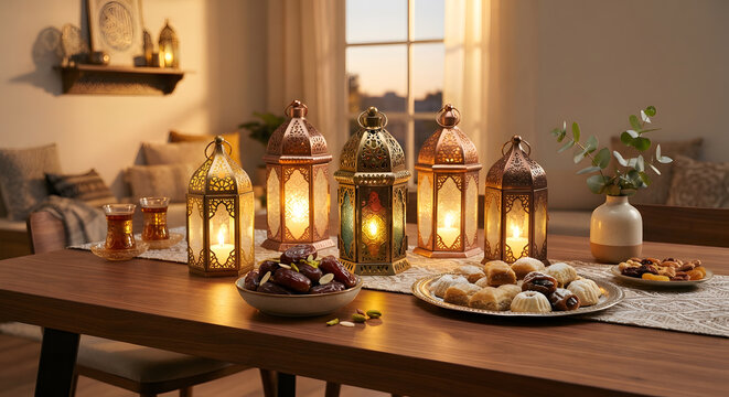Ramadan kareem festive table setup with traditional lanterns, fanous, dates, Arabic sweets, and tea during sunset at home
