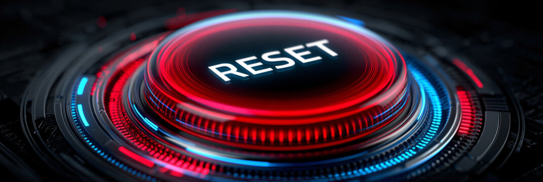 blue glowing reset button on metallic background, neon power reset switch technology concept, futuristic blue reboot button