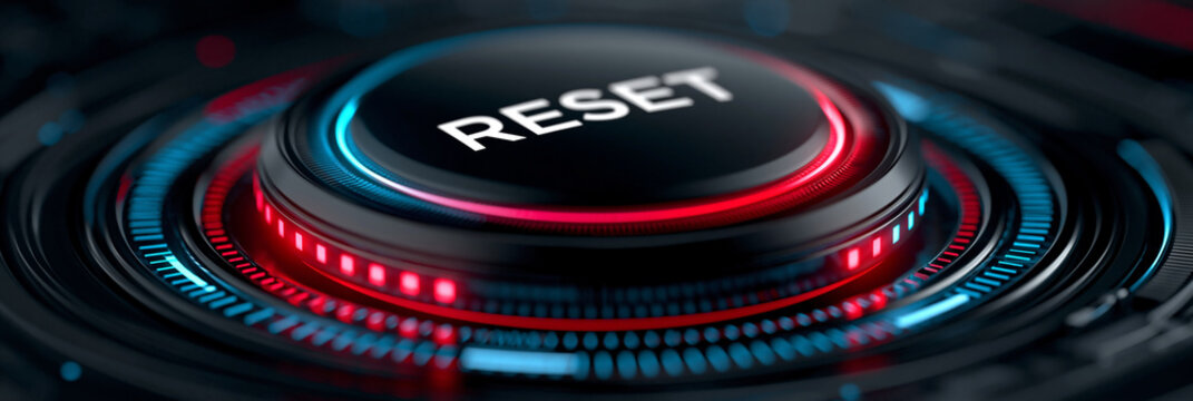 blue glowing reset button on metallic background, neon power reset switch technology concept, futuristic blue reboot button