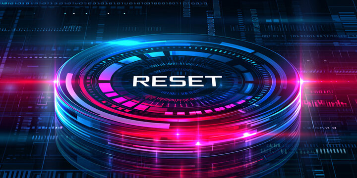blue glowing reset button on metallic background, neon power reset switch technology concept, futuristic blue reboot button