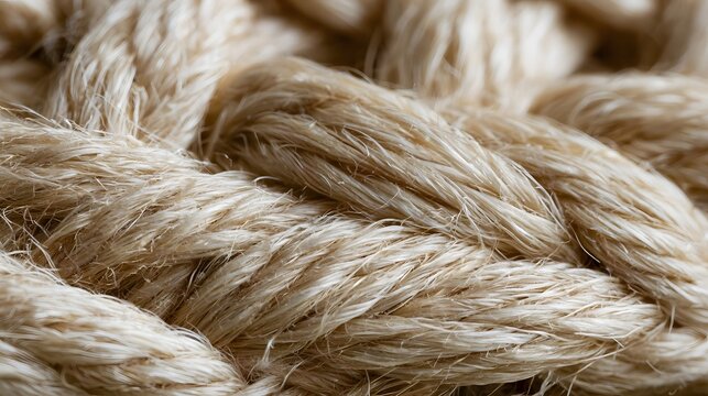 Close up of natural fiber rope texture with soft beige tones and detailed woven strands under gentle lighting