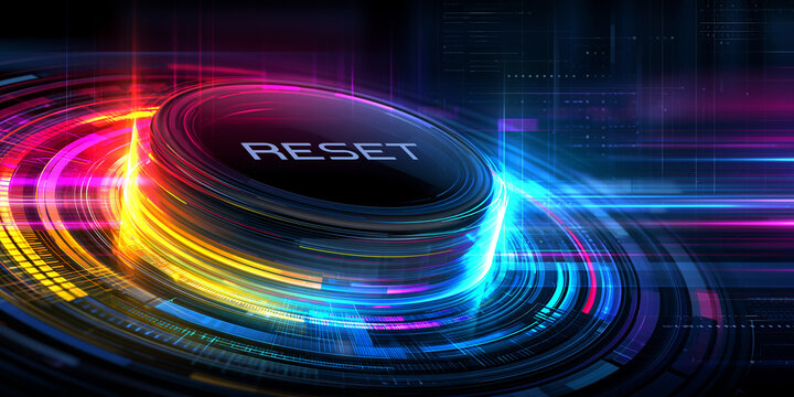 blue glowing reset button on metallic background, neon power reset switch technology concept, futuristic blue reboot button