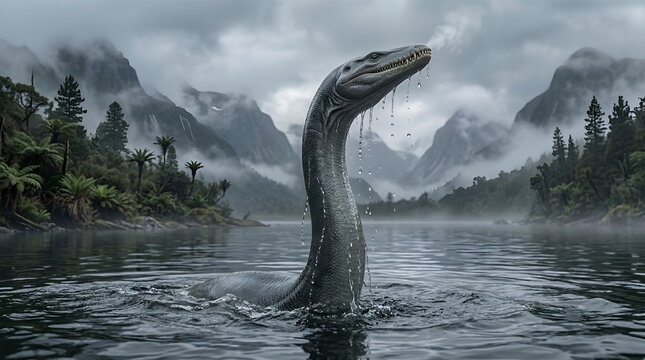Mysterious plesiosaur swimming across dark misty mountain lake representing legendary loch ness monster