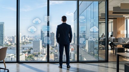 Fototapeta premium Businessman standing in modern office looking at city skyline through large glass window with floating cloud computing and database icons, digital transformation