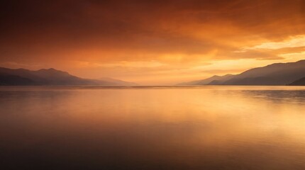 Fototapeta premium golden sunset over calm sea with silhouetted mountains reflected in tranquil water, warm atmospheric haze filling the sky