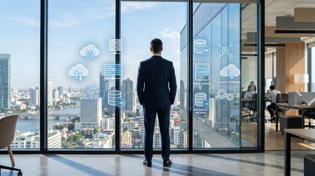 Businessman standing in modern office looking at city skyline through large glass window with floating cloud computing and database icons, digital transformation