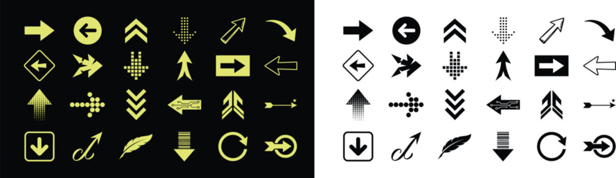 Collection of various arrow symbols in black and yellow colors on split black and white background set