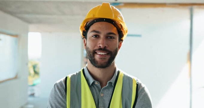 Face, man and happy at site for construction, compliance and renovation laborer for architecture. Portrait, male person and confident employee with job ambition, manual labor and building development