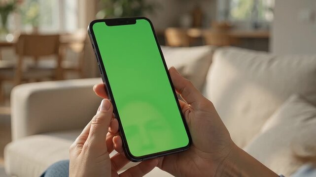 Close up of hands holding smartphone with green screen in cozy living room, person using mobile phone with chroma key mockup, warm natural light indoor setting