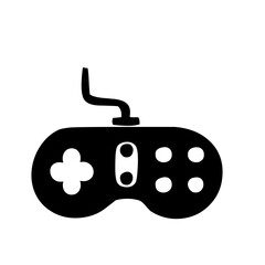 Black silhouette icon of a retro video game controller with a wired connection. © Hasan