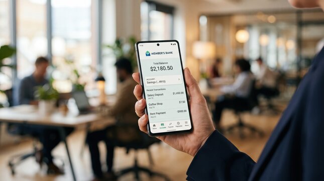 Person holding smartphone displaying member bank application with total balance of two thousand one hundred eighty dollars and fifty cents, checking recent transactions like