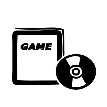 Video game case and disc icon, black and white flat vector illustration