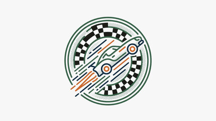 Fototapeta premium Distressed retro circular racing car logo with checkered flag pattern, motion speed lines, and halftone textures in green, orange, and blue colors on a white background.