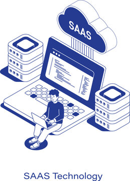 Isometric SAAS technology illustration. A man sits on a giant laptop coding, surrounded by server stacks and connected to a SAAS cloud. Clean IT software as a service layout