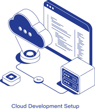 Isometric cloud development setup vector illustration. Digital cloud projecting near a coding window, connected to a server unit and network node. Clean IT software technology layout