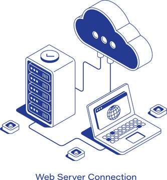 Isometric web server connection vector illustration. A laptop showing a globe connects to a server rack and a digital cloud, surrounded by network nodes. Clean IT cloud hosting technology layout
